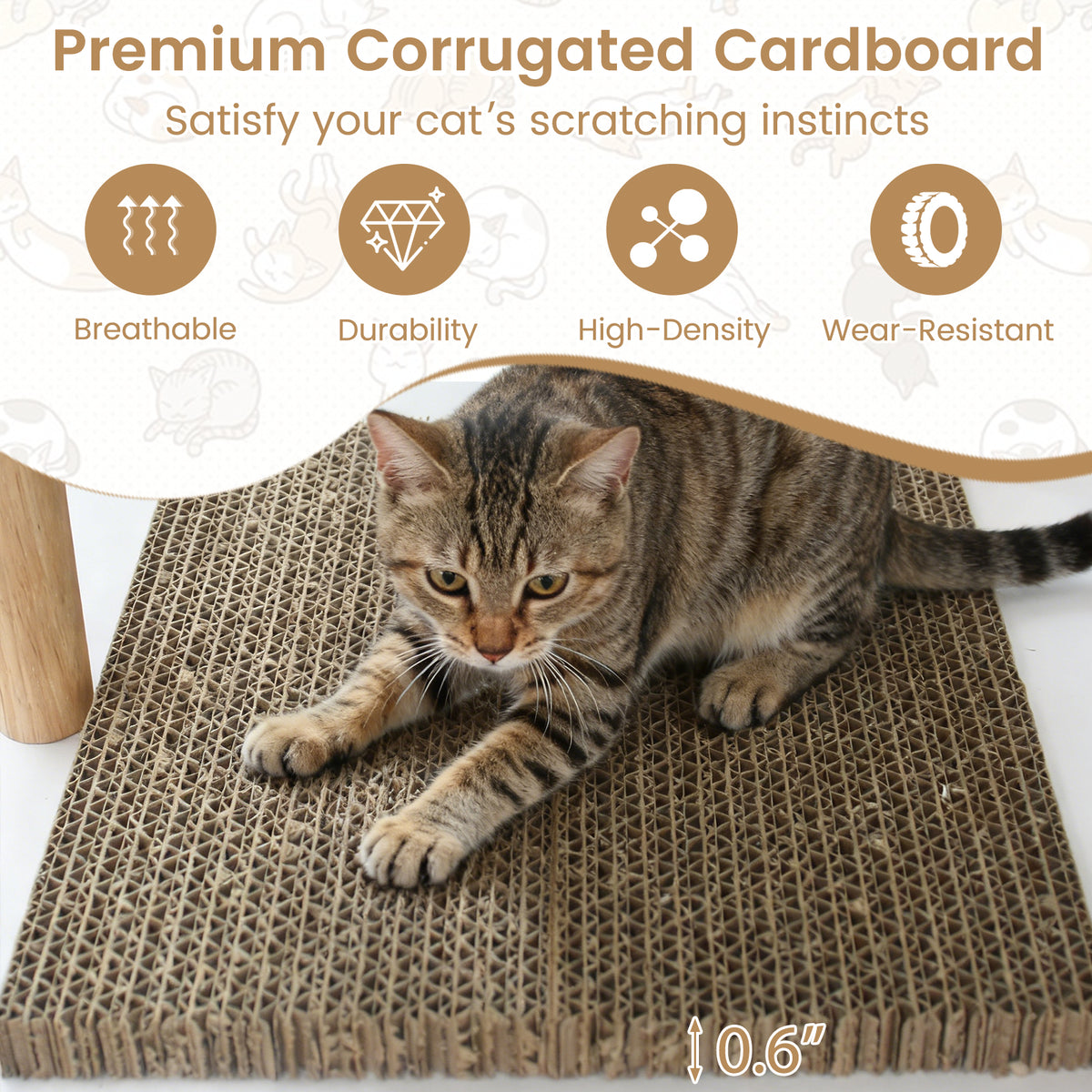 Tall Wooden Cat Tower with Corrugated Cardboard for Climbing and Resting - White