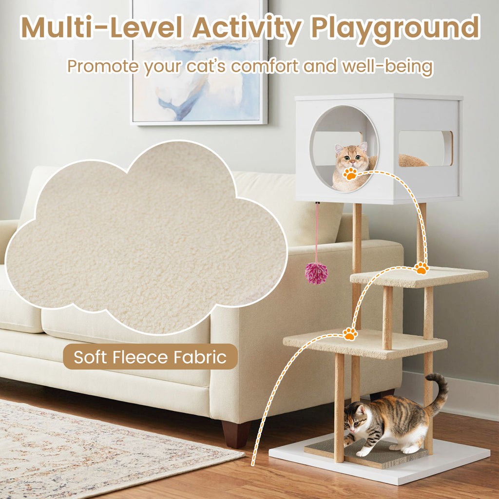 Tall Wooden Cat Tower with Corrugated Cardboard for Climbing and Resting - White