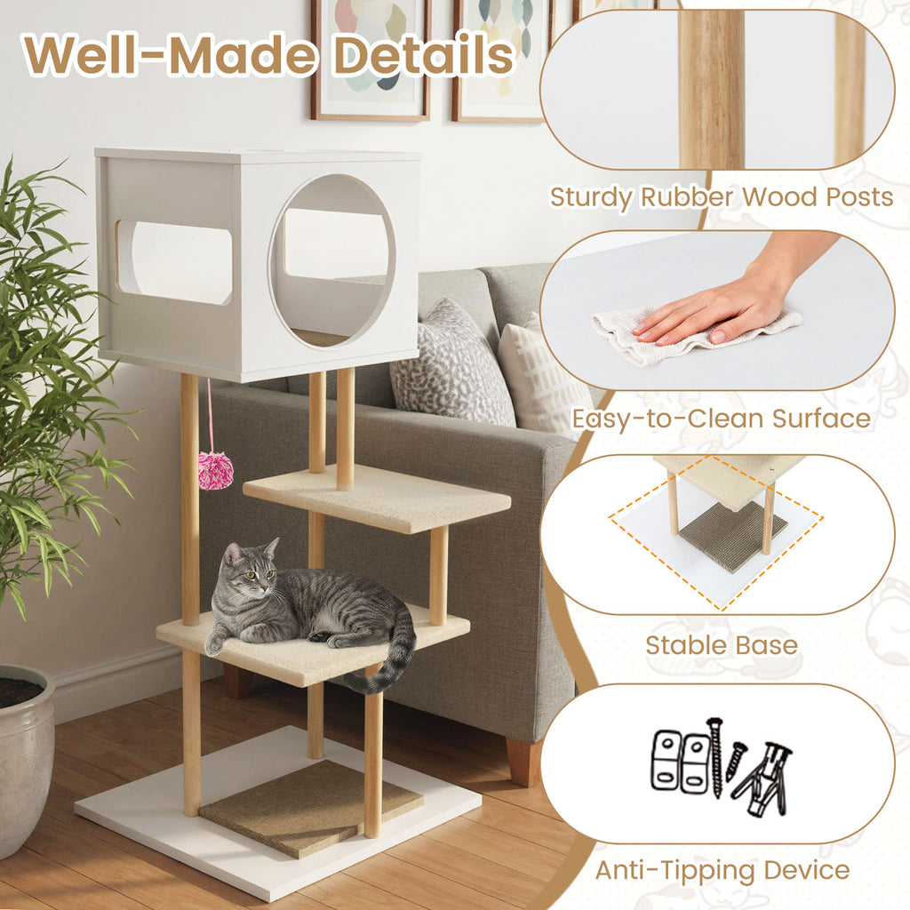 Tall Wooden Cat Tower with Corrugated Cardboard for Climbing and Resting - White