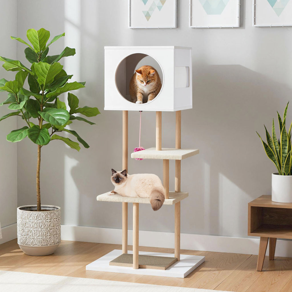 Tall Wooden Cat Tower with Corrugated Cardboard for Climbing and Resting - White