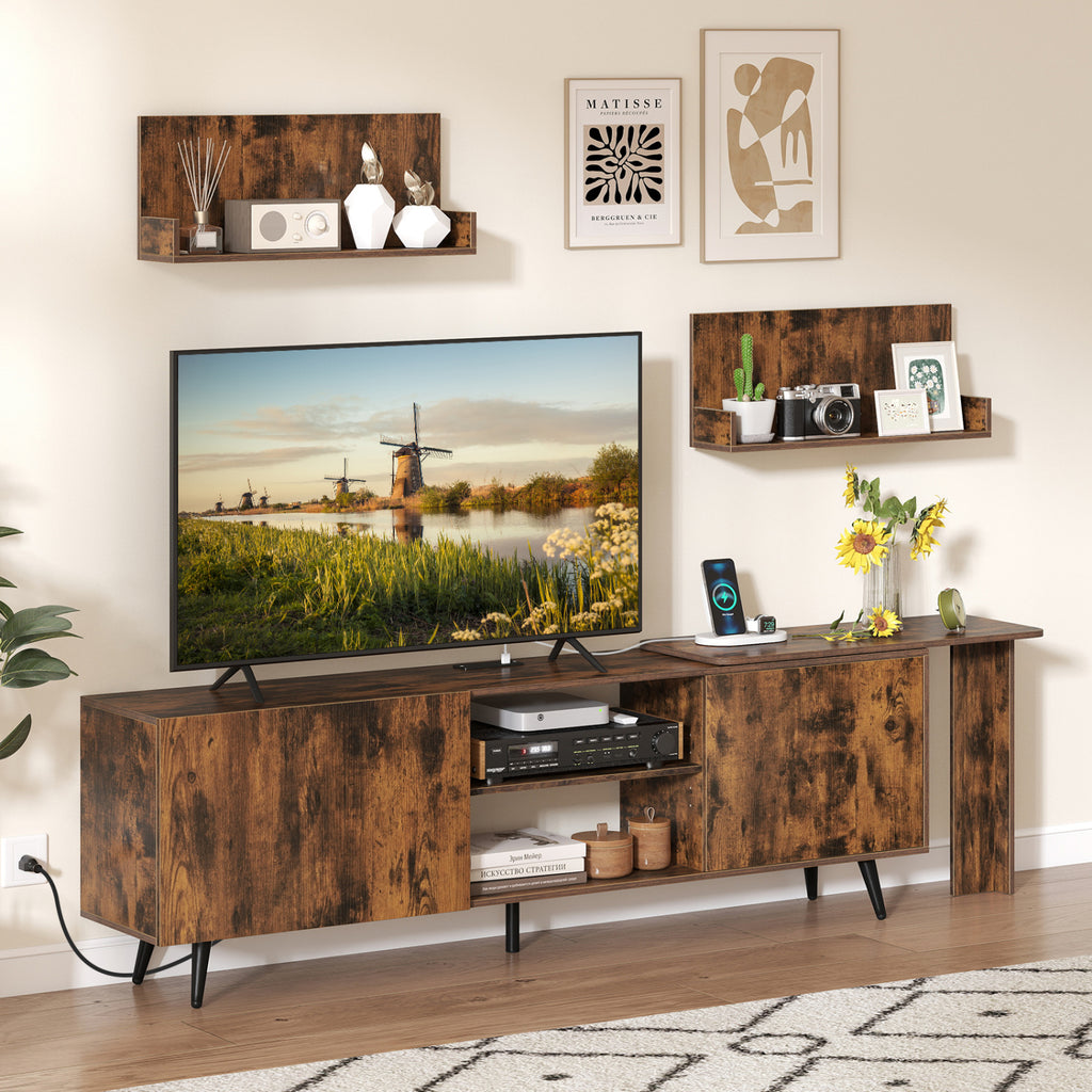 TV Stand for 85 Inch TVs with Wall Shelves & Charging Station - Brown
