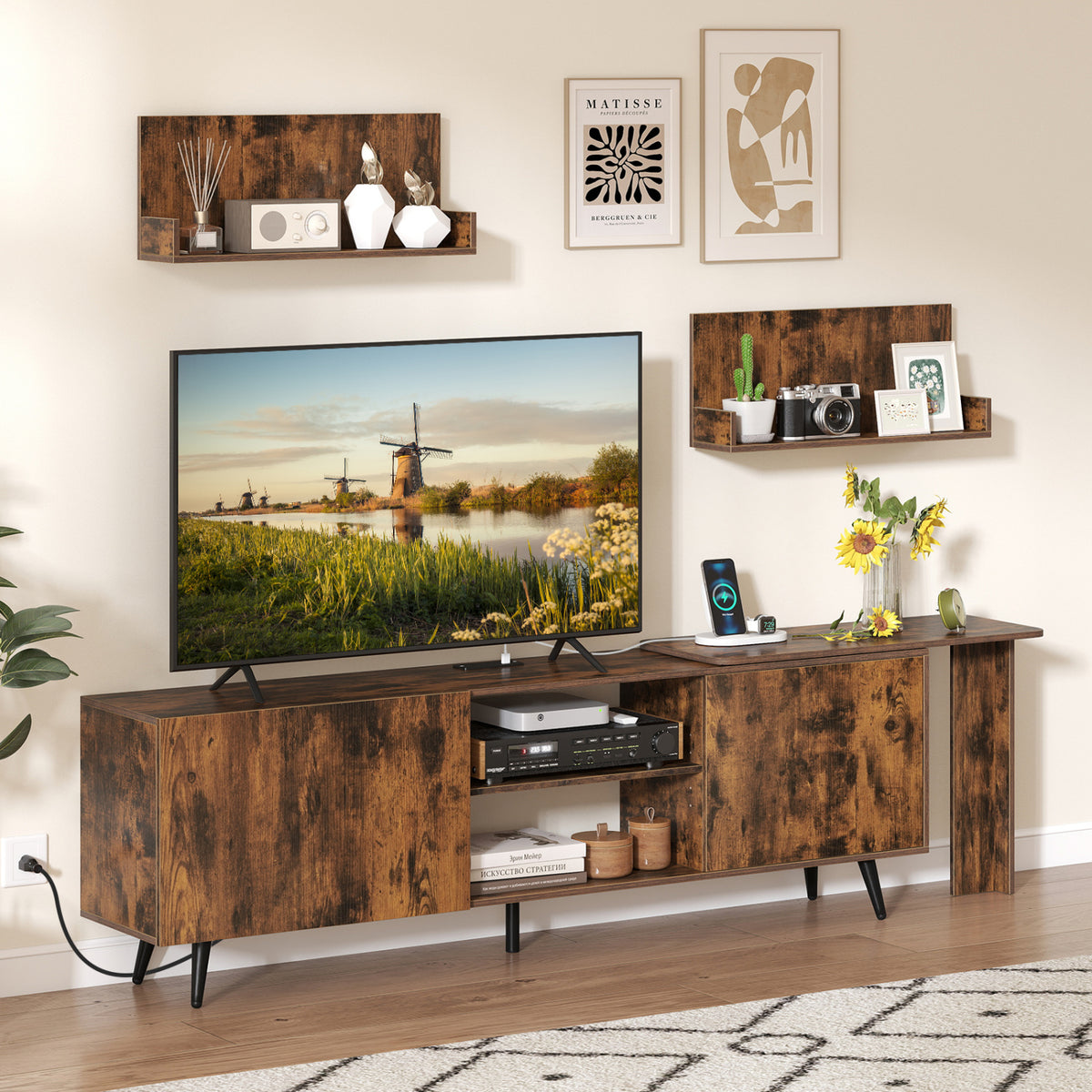 TV Stand for 85 Inch TVs with Wall Shelves & Charging Station - Brown