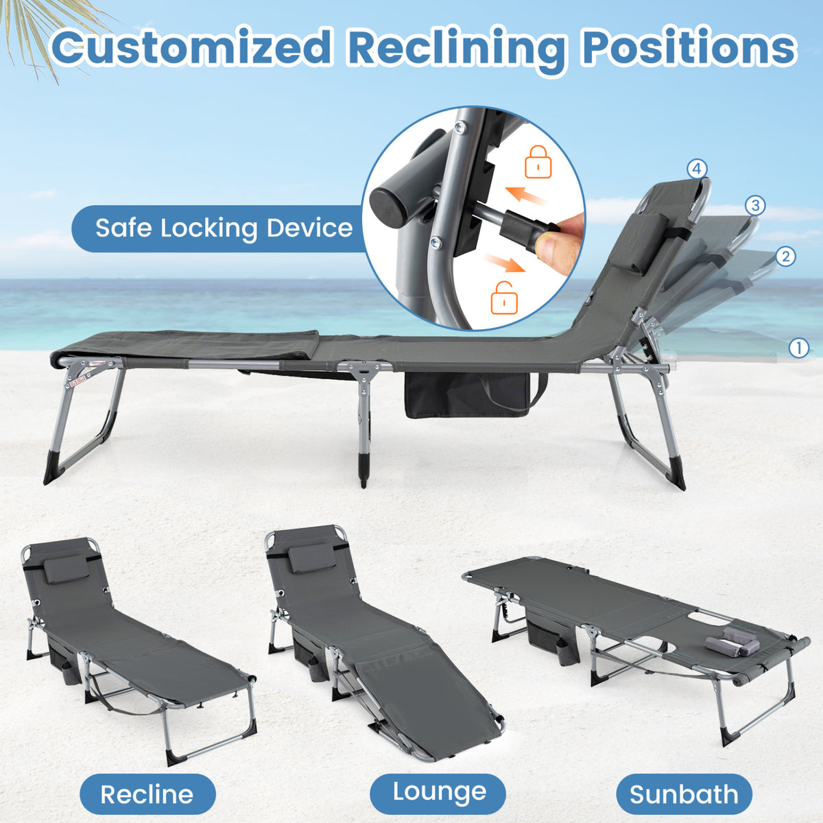 Tanning Chair with Face Arm Holes Portable Sunbathing