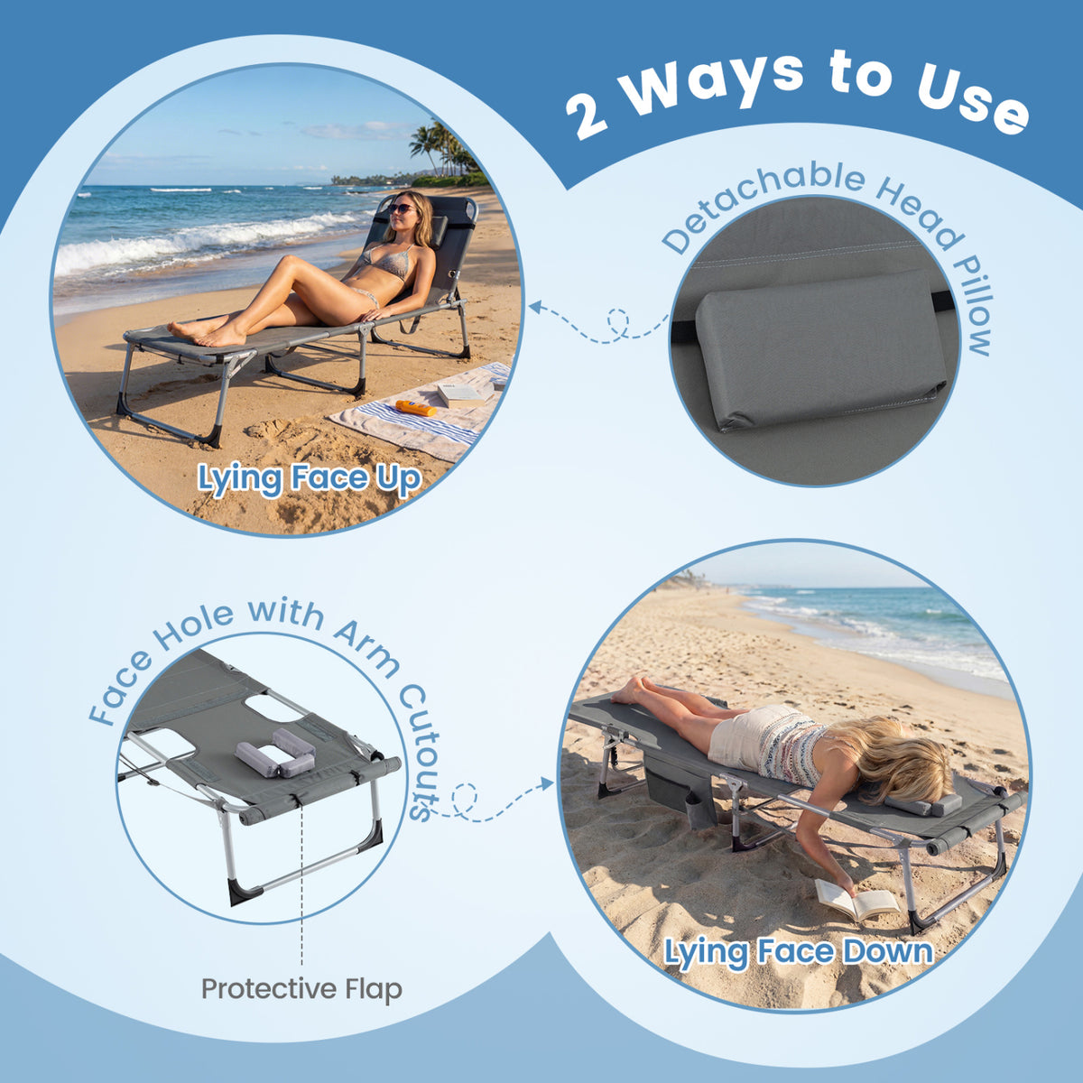 Tanning Chair with Face Arm Holes Portable Sunbathing