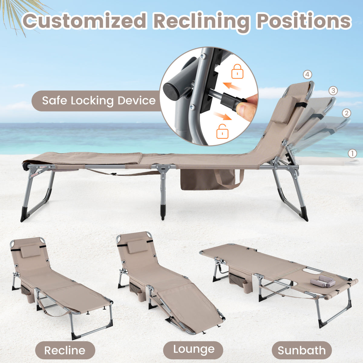 Portable Tanning Chair with Face & Arm Holes - Beige, Set of 1