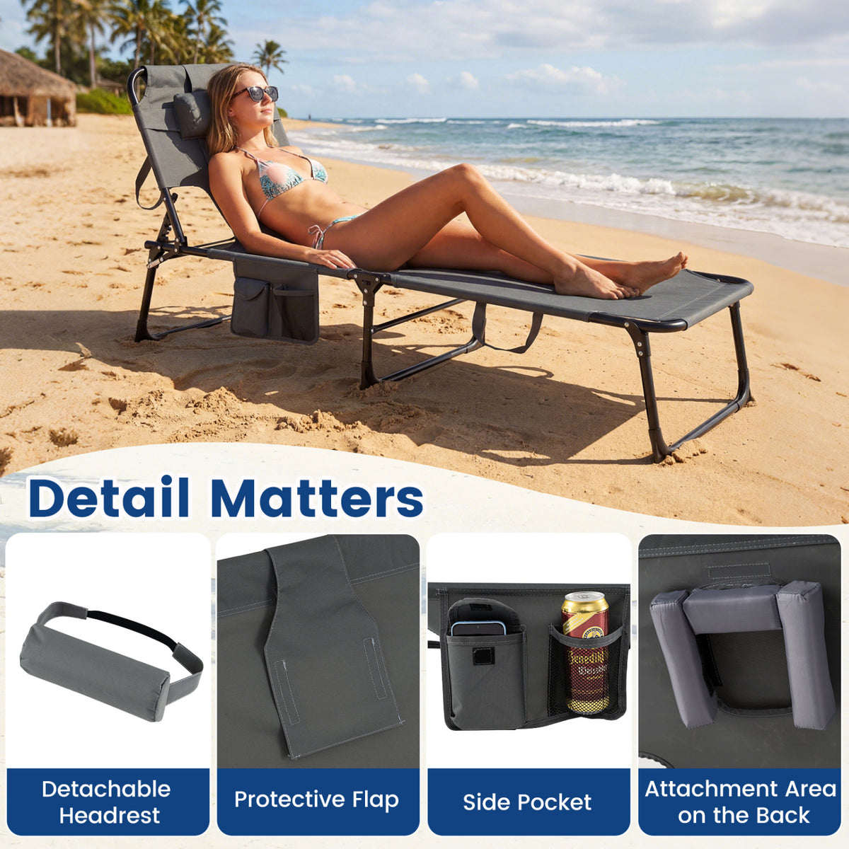 Portable Folding Chaise Lounge Chair with 4-Position Adjustable