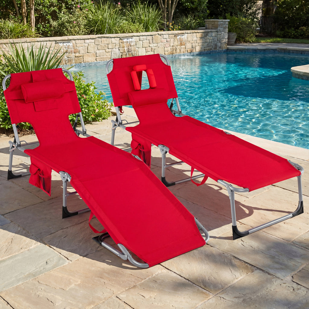 Folding Chaise Lounge Chair 4-Position Adjustable Backrest - Red