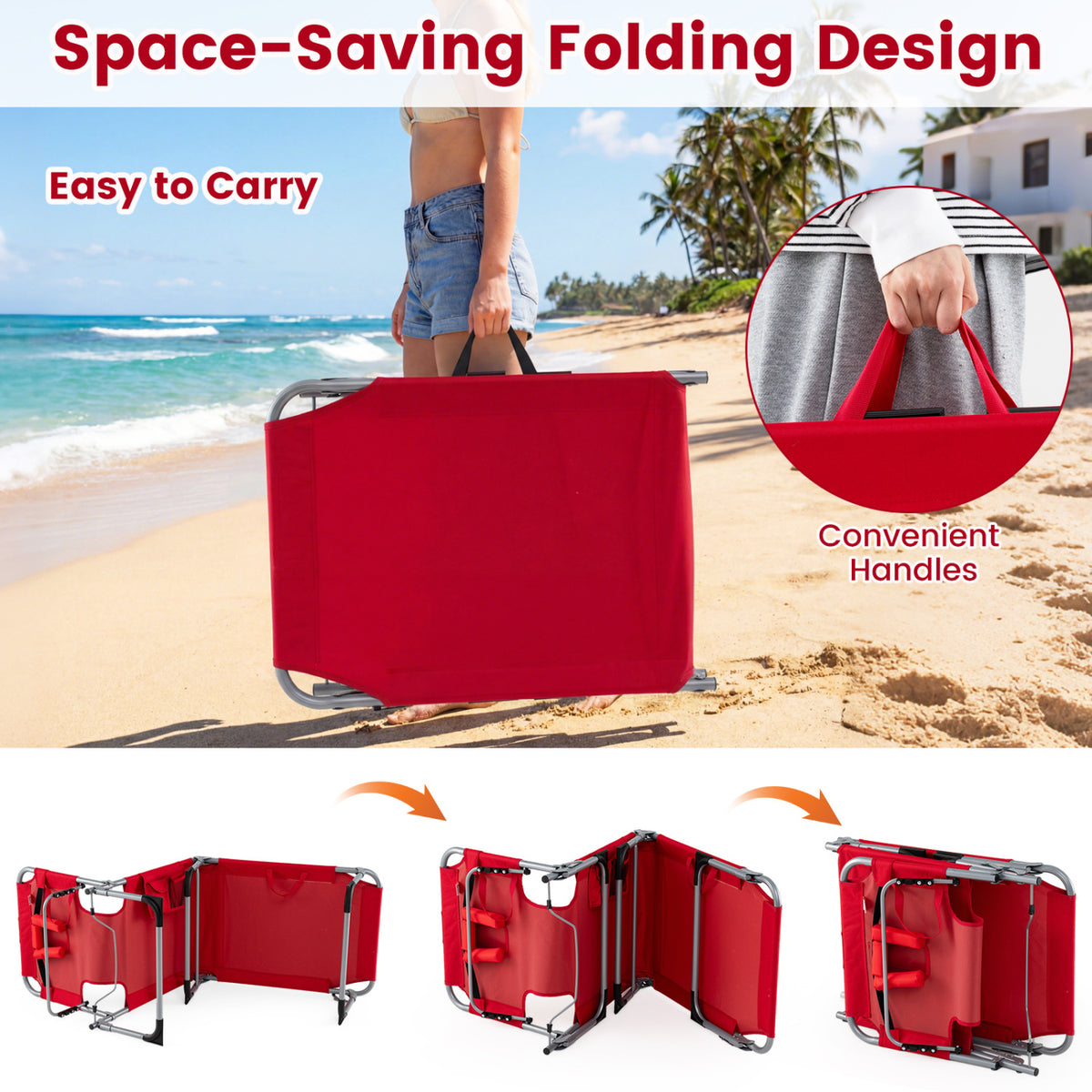 Folding Chaise Lounge Chair 4-Position Adjustable Backrest - Red