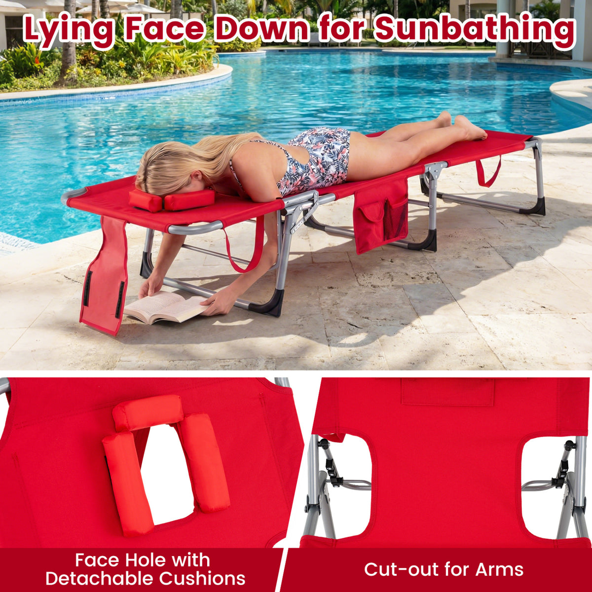 Folding Chaise Lounge Chair 4-Position Adjustable Backrest - Red
