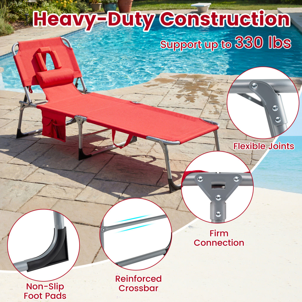Folding Chaise Lounge Chair 4-Position Adjustable Backrest - Red