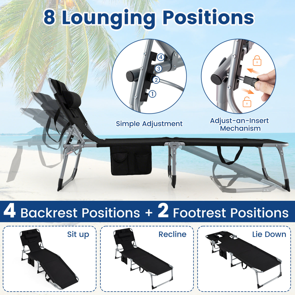 Portable Folding Chaise Lounge Chair with 4-Position Adjustable