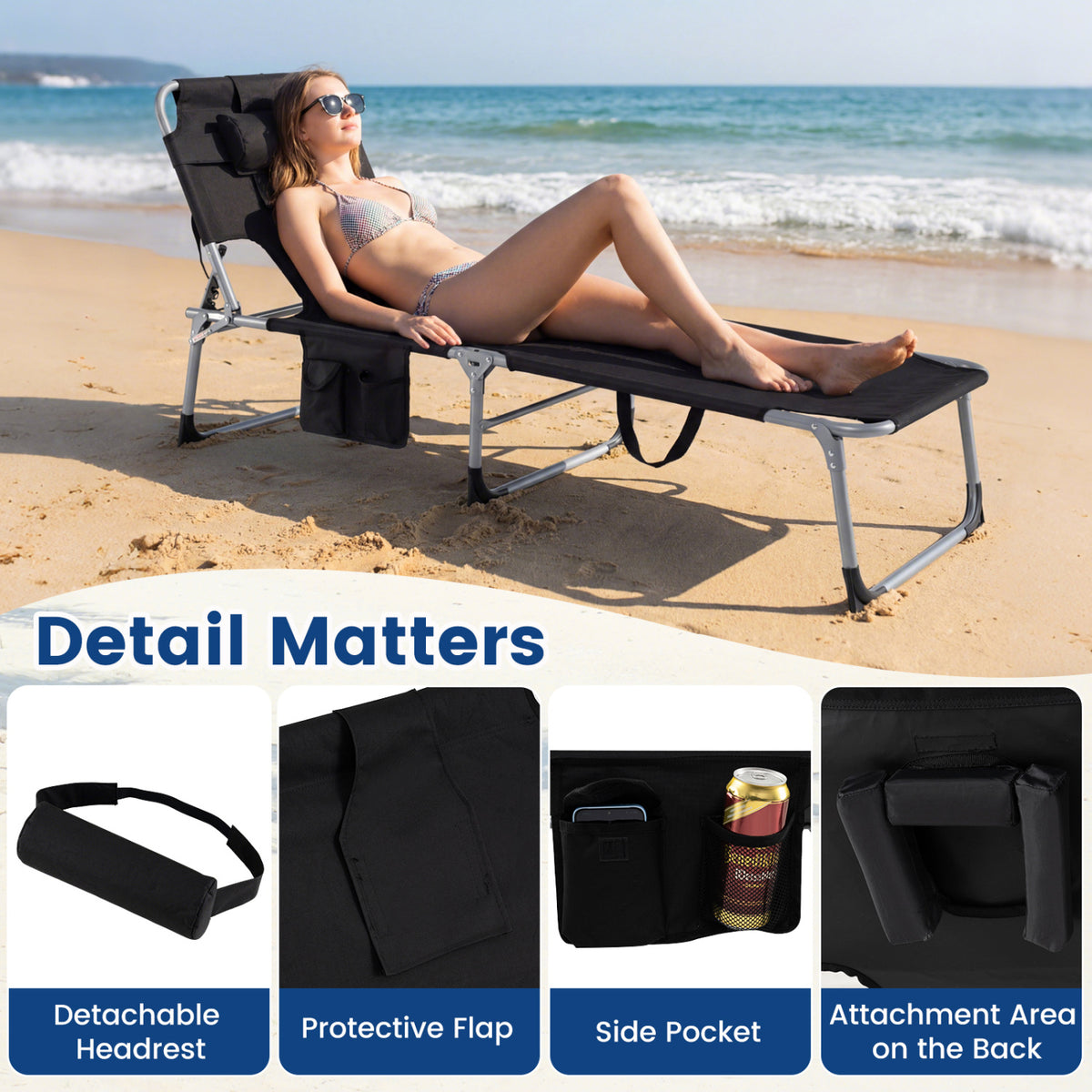 Portable Folding Chaise Lounge Chair with 4-Position Adjustable