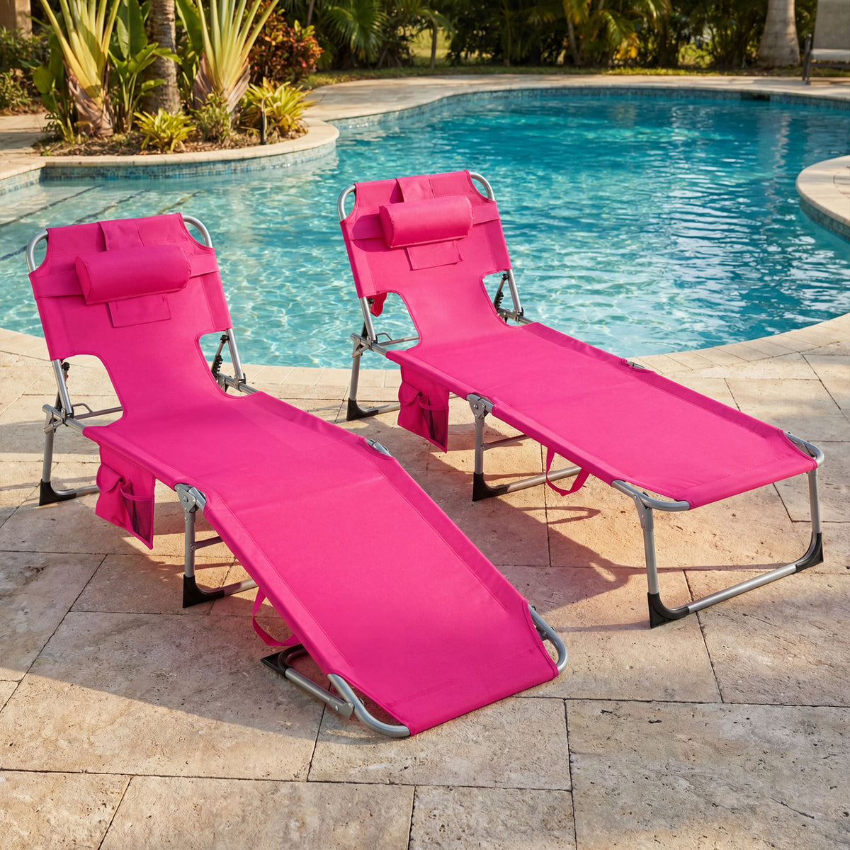 Folding Chaise Lounge Chair with 4-Position Backrest, Pink