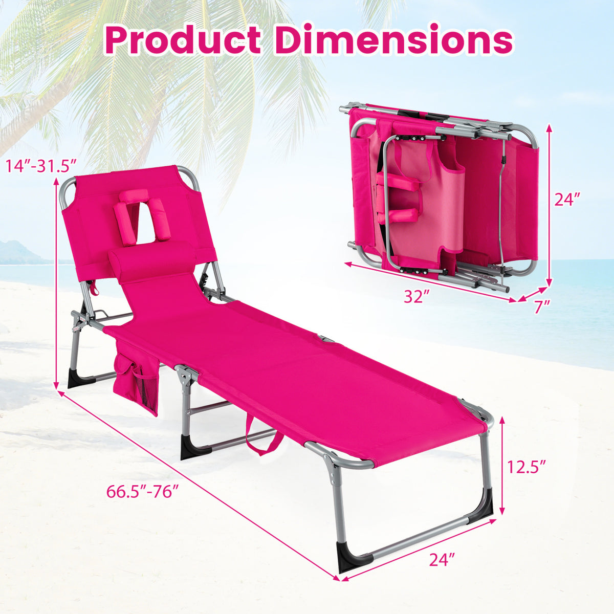 Folding Chaise Lounge Chair with 4-Position Backrest, Pink