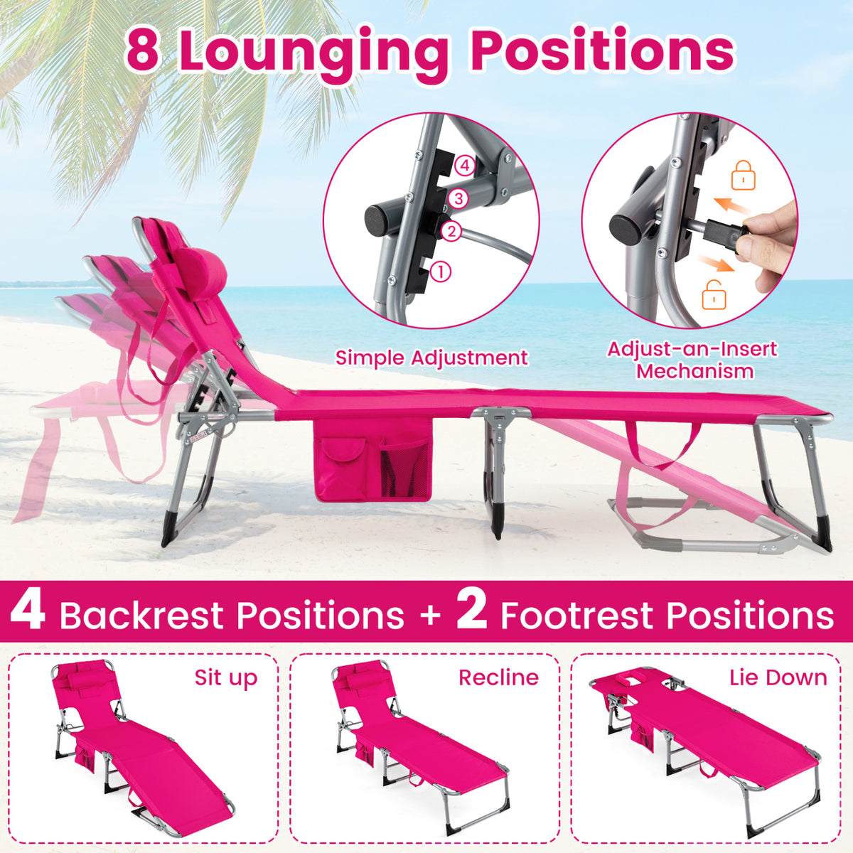 Folding Chaise Lounge Chair with 4-Position Backrest, Pink