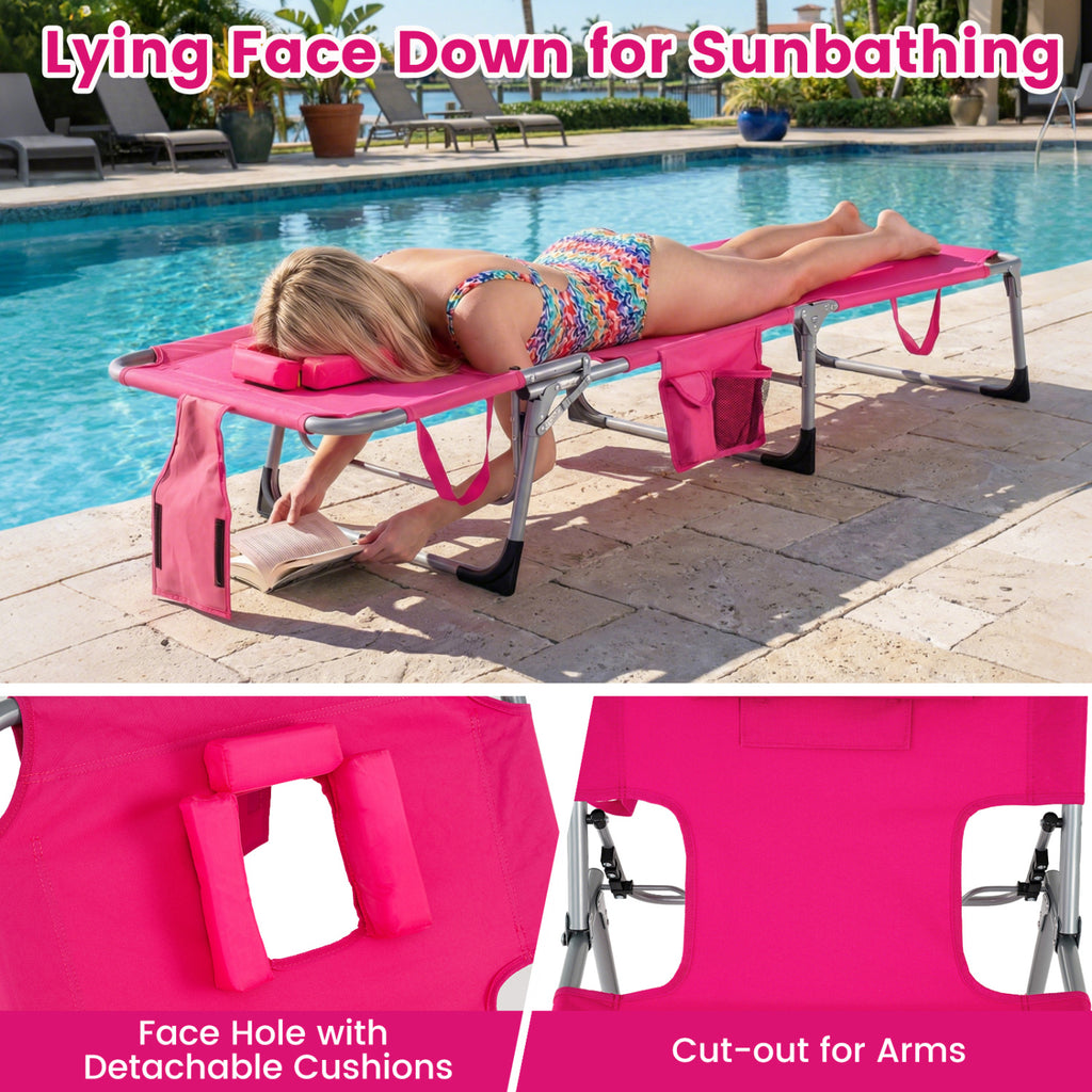 Folding Chaise Lounge Chair with 4-Position Backrest, Pink