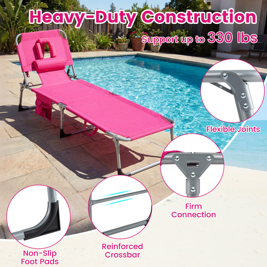 Folding Chaise Lounge Chair with 4-Position Backrest, Pink