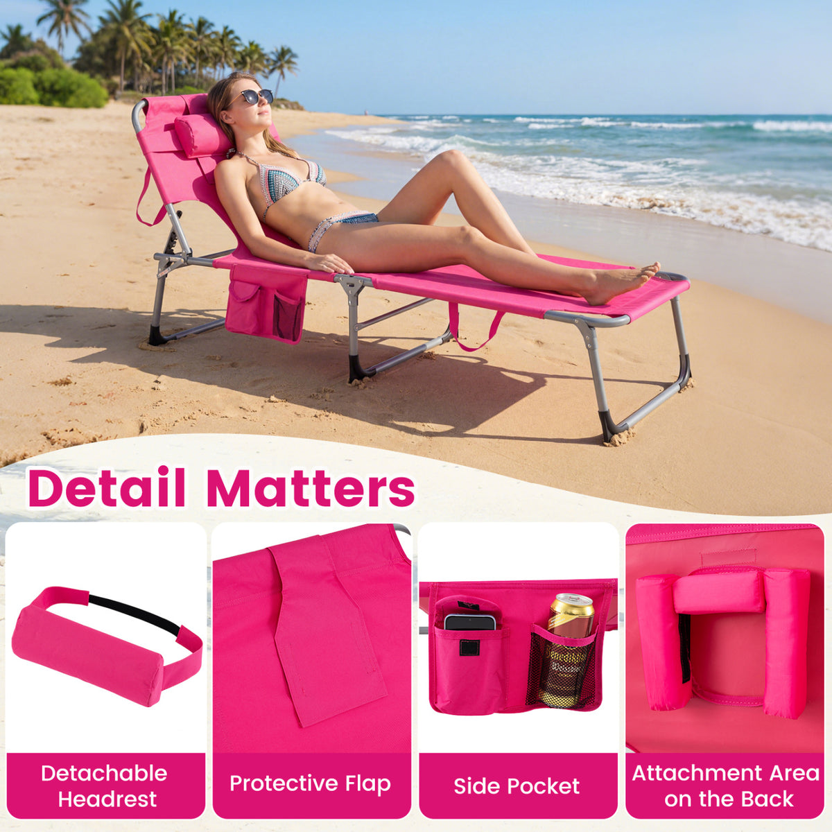 Folding Chaise Lounge Chair with 4-Position Backrest, Pink