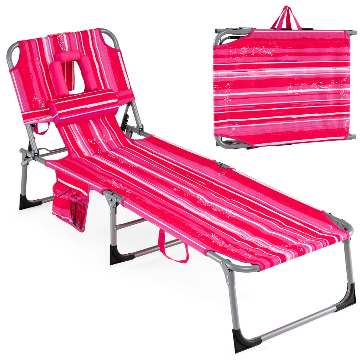 Folding Chaise Lounge Chair, 4-Position Adjustable Backrest, Pink Stripe