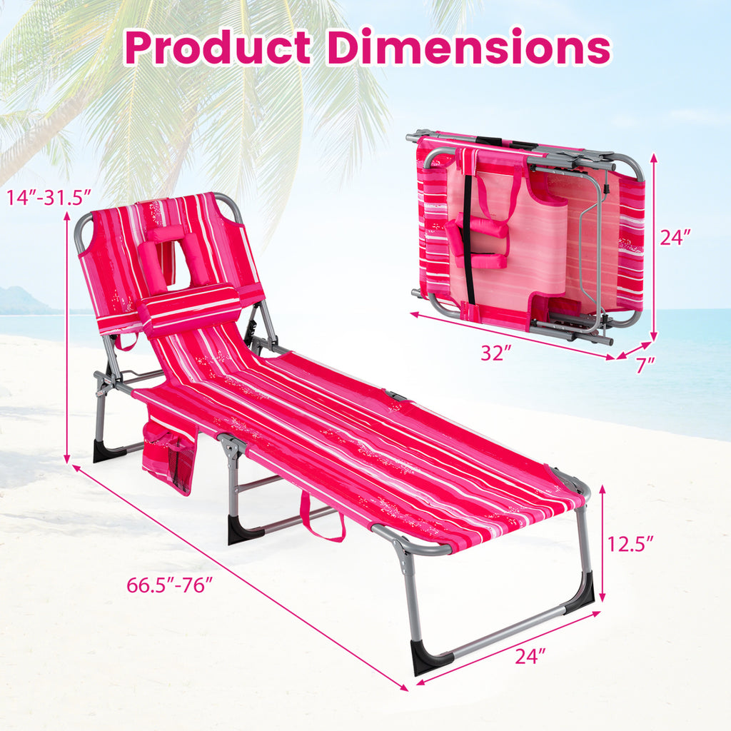 Folding Chaise Lounge Chair, 4-Position Adjustable Backrest, Pink Stripe
