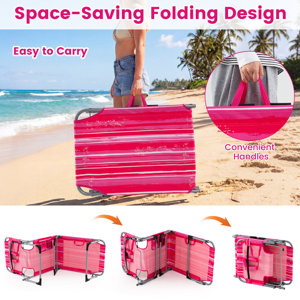 Folding Chaise Lounge Chair, 4-Position Adjustable Backrest, Pink Stripe