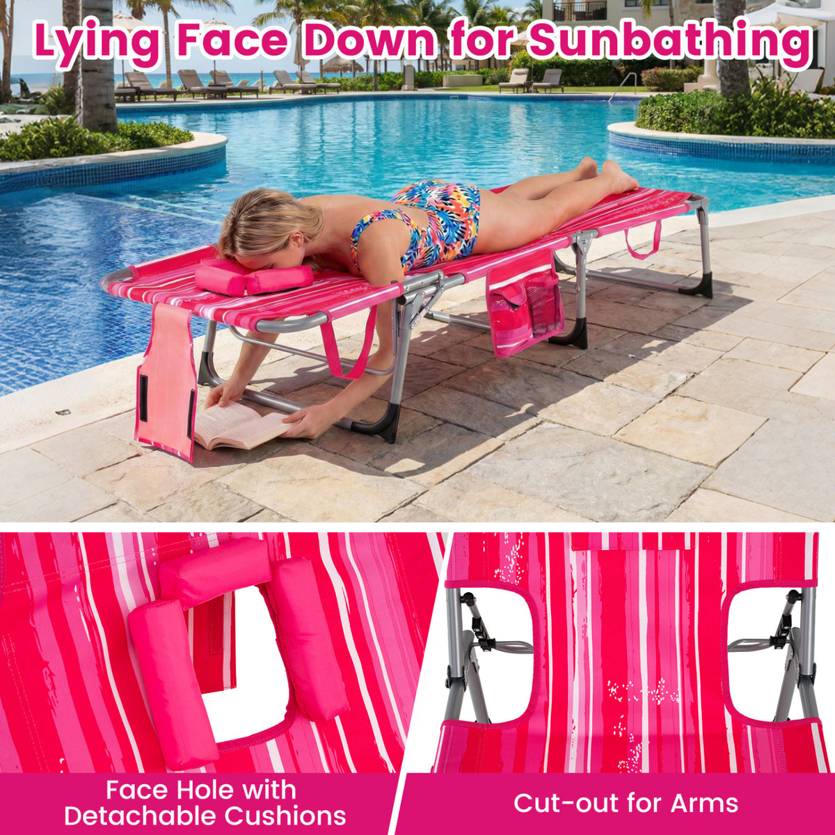 Folding Chaise Lounge Chair, 4-Position Adjustable Backrest, Pink Stripe