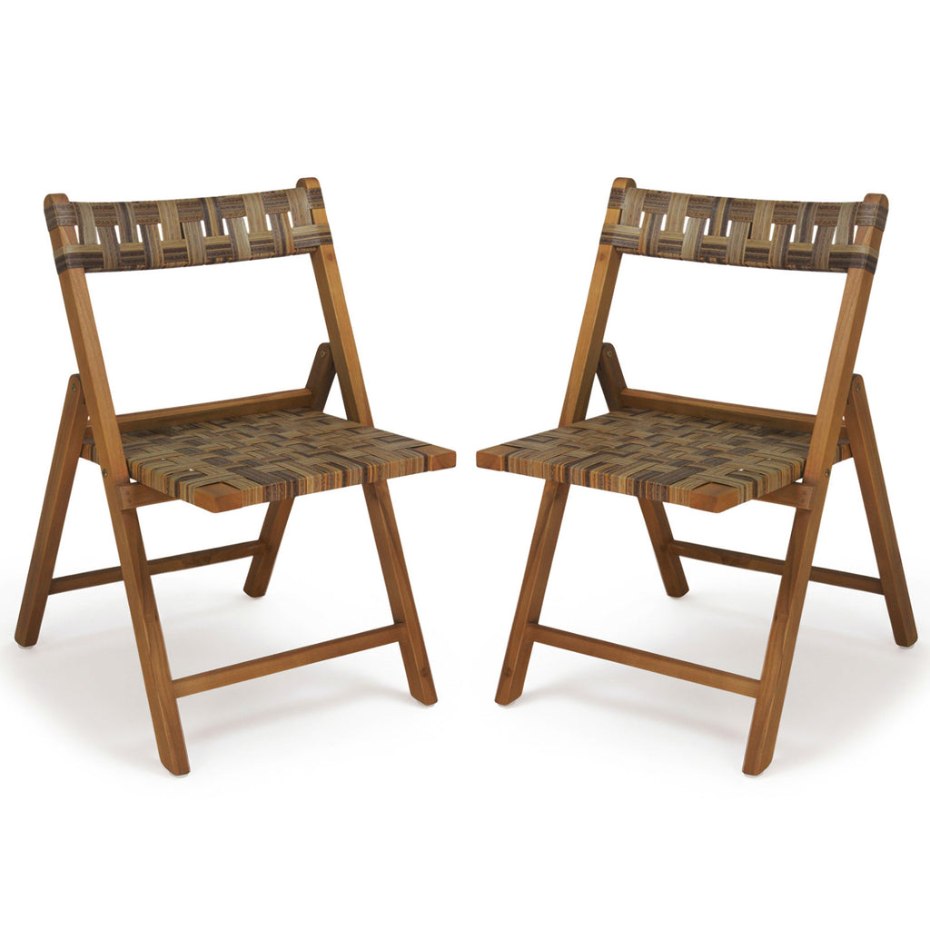 Teak Folding Chairs Set of 2 with Hand-Woven Rattan and Contoured Back