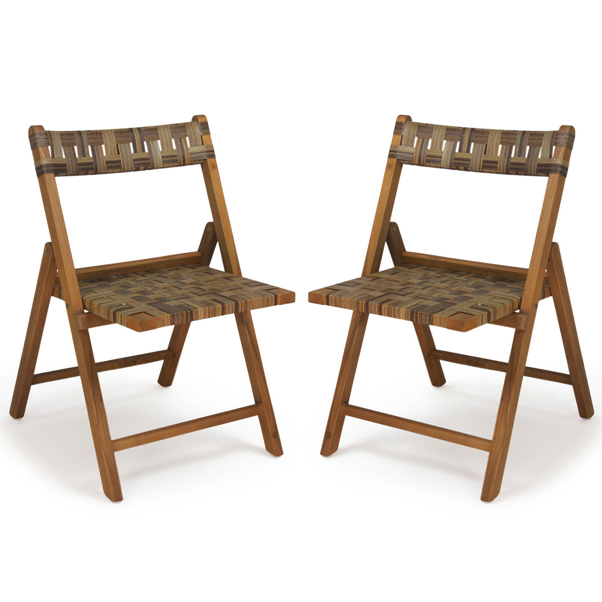 Teak Folding Chairs Set of 2 with Hand-Woven Rattan and Contoured Back