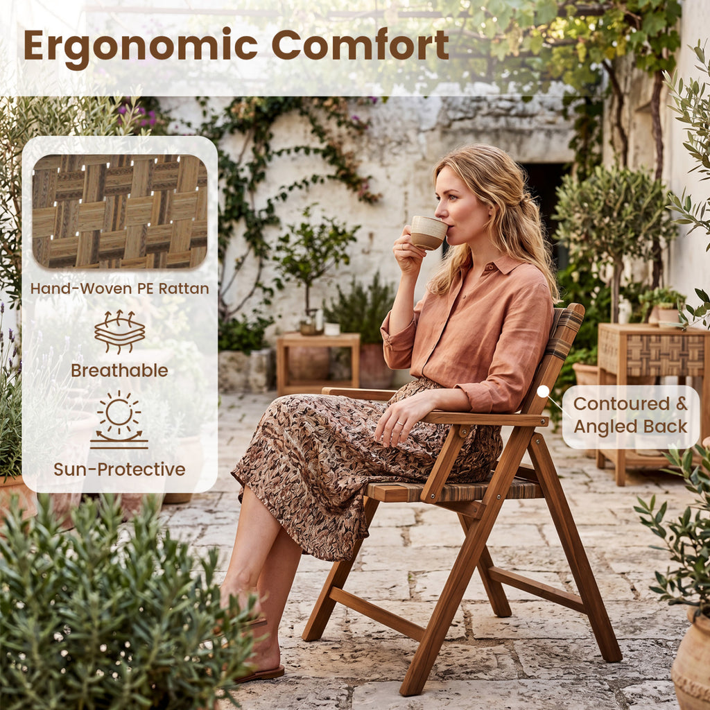 Teak Folding Chairs Set of 2 with Hand-Woven Rattan and Contoured Back