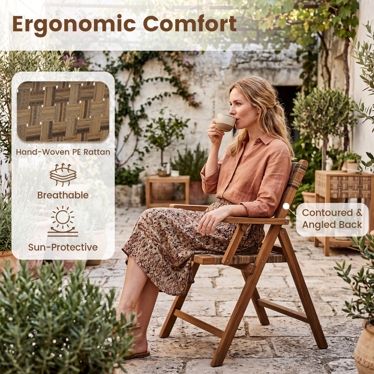 Teak Folding Chairs Set of 2 with Hand-Woven Rattan and Contoured Back