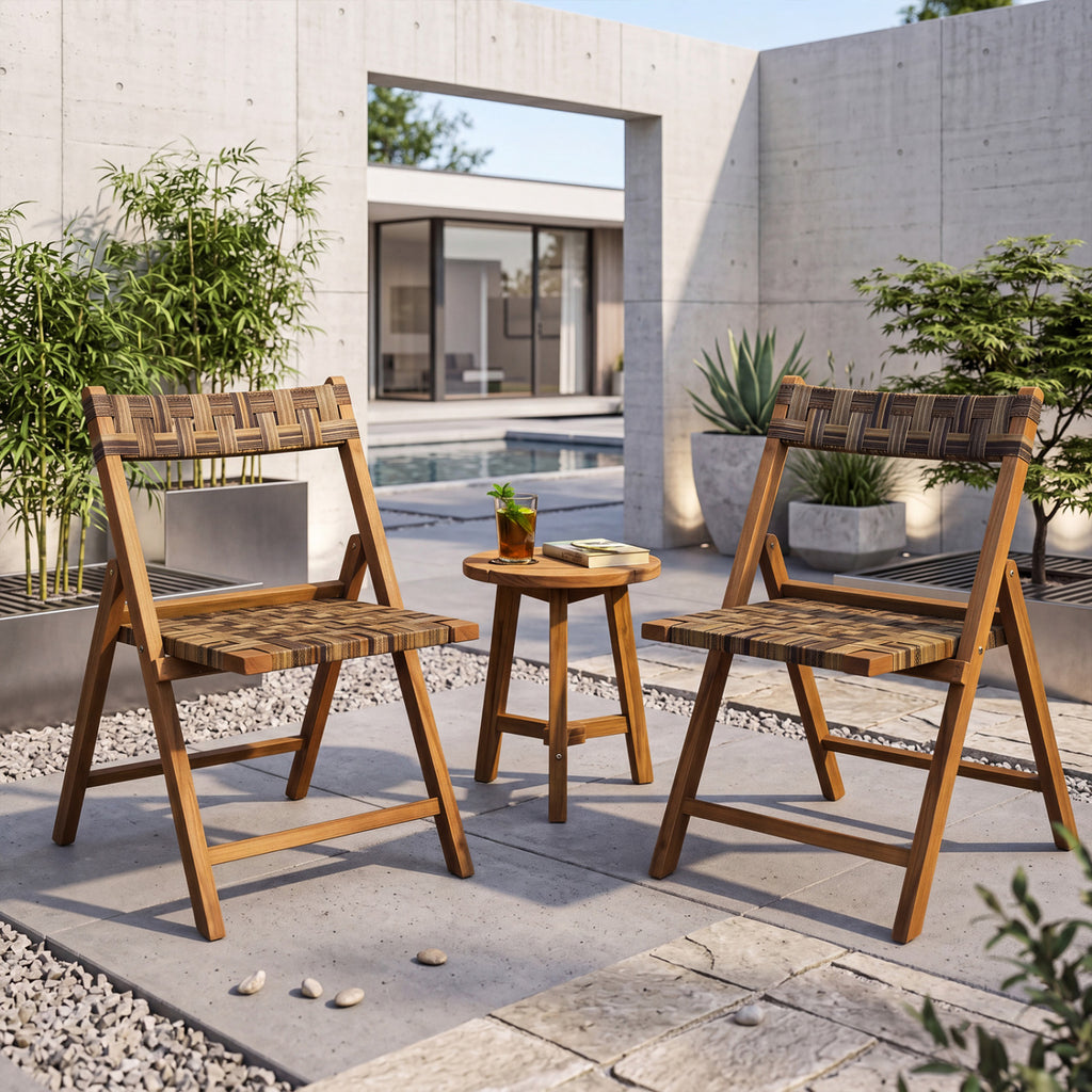 Teak Folding Chairs Set of 2 with Hand-Woven Rattan and Contoured Back