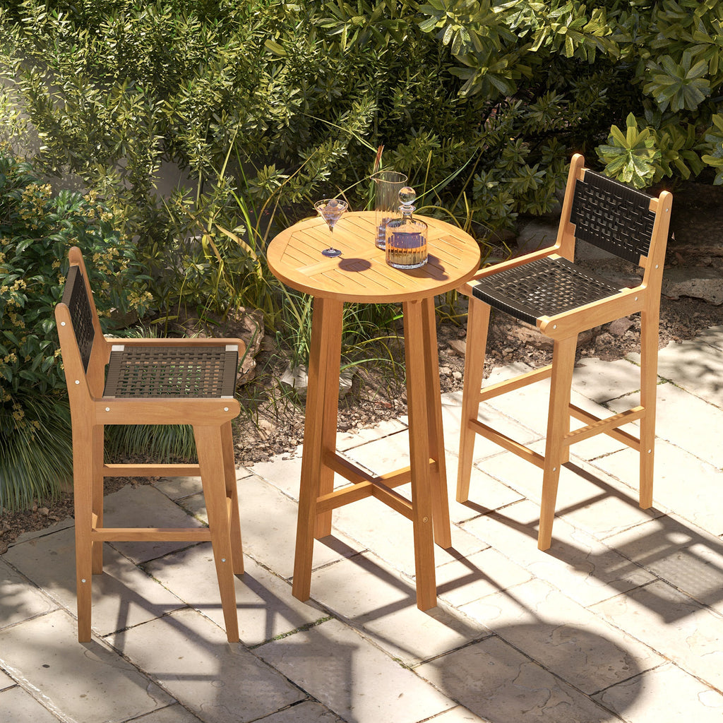 30 Inch Teak Wood Bar Stool with Rattan Backrest and Seat