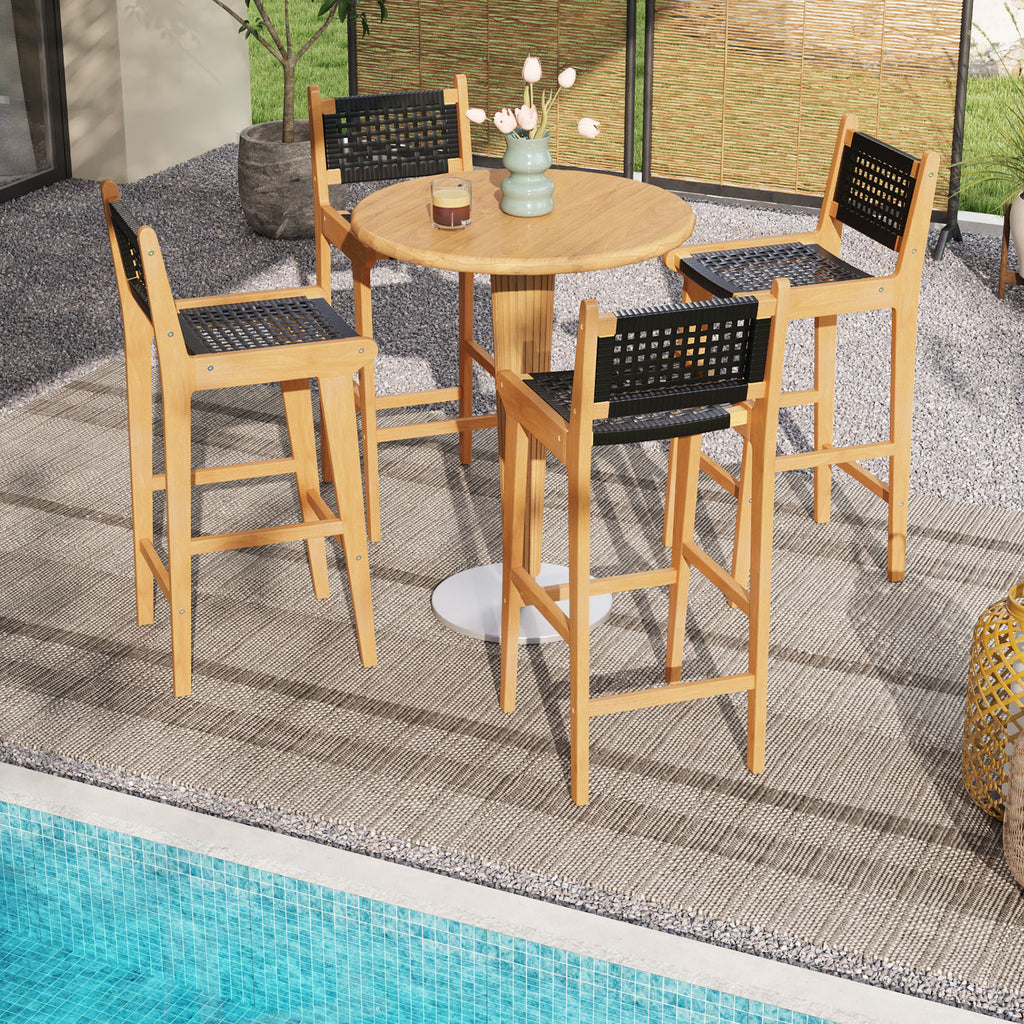 30 Inch Teak Wood Bar Stool with Rattan Backrest and Seat