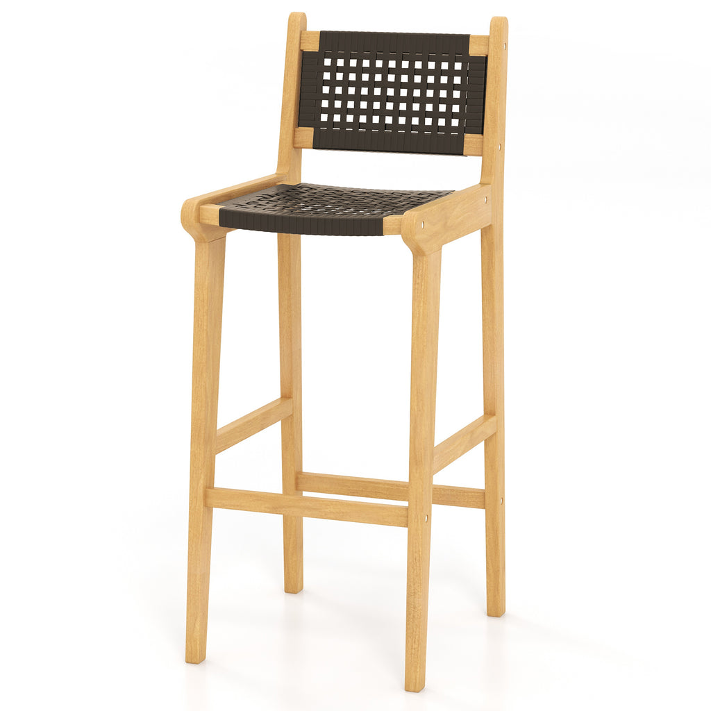 Patio Teak Wood Bar Stool with Rattan Backrest and Seat