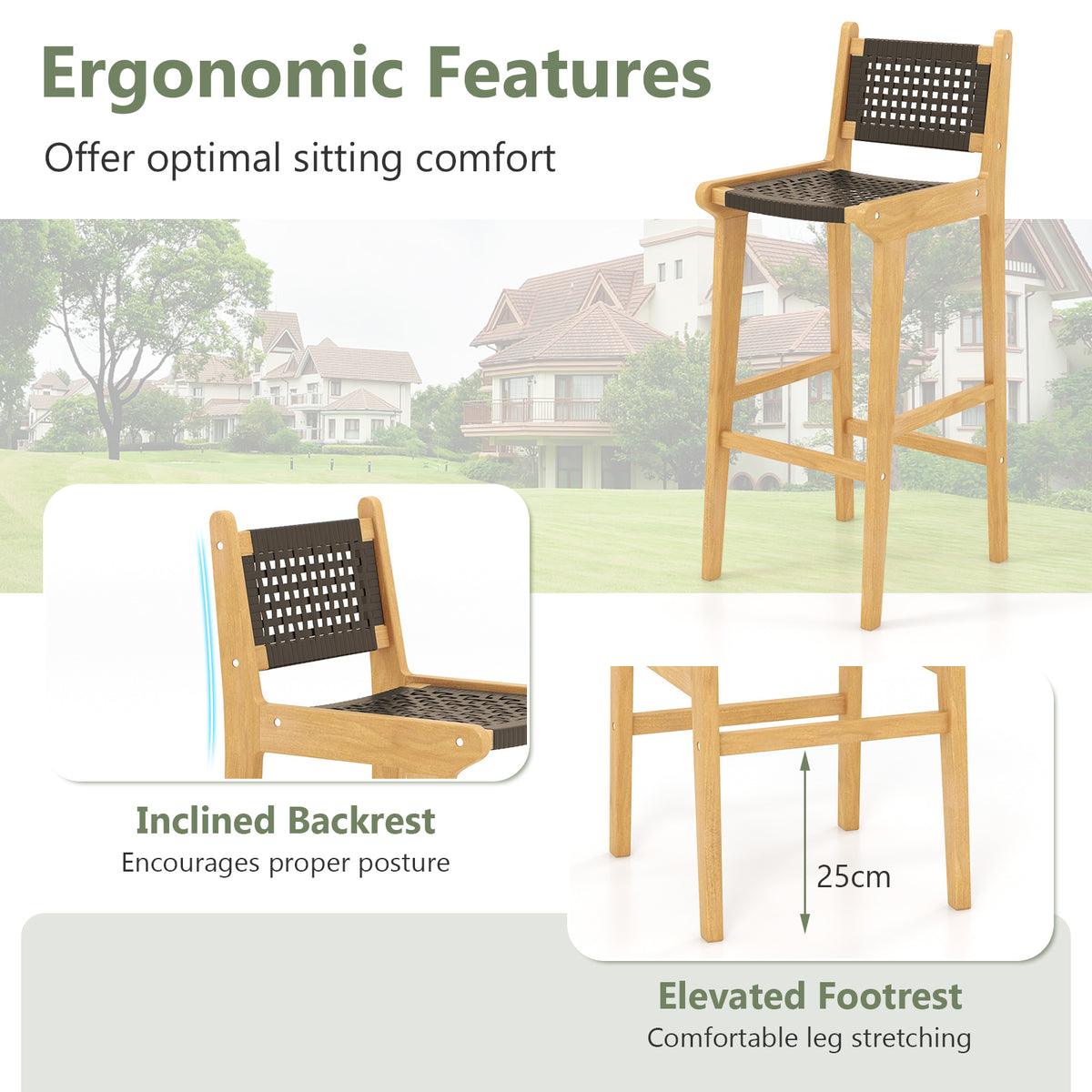 30 Inch Teak Wood Bar Stool with Rattan Backrest and Seat