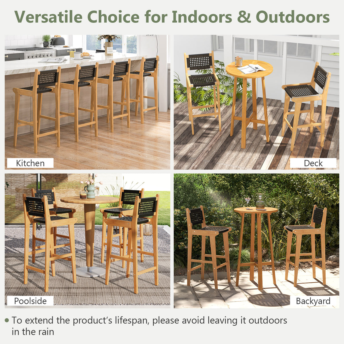 30 Inch Teak Wood Bar Stool with Rattan Backrest and Seat