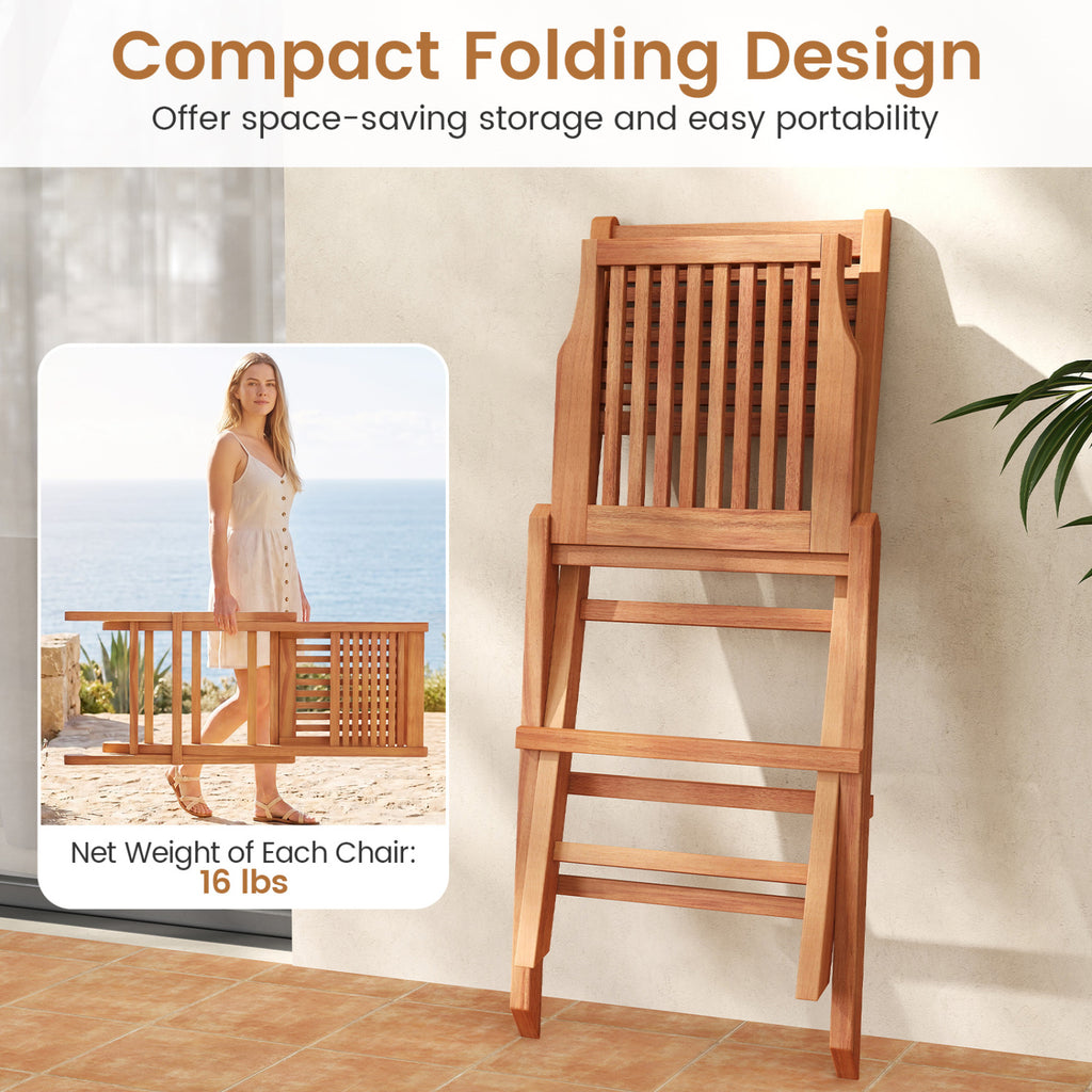 Teak Wood Folding Patio Chairs Set of 2 with Slatted Seat & Portable