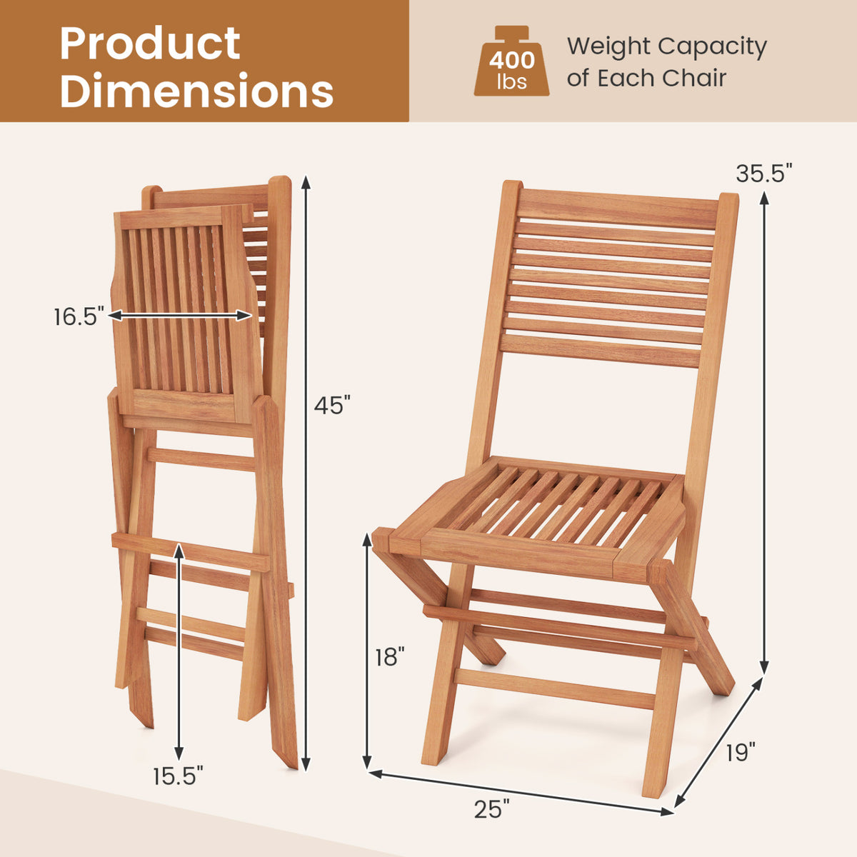 Teak Wood Folding Patio Chairs Set of 2 with Slatted Seat & Portable