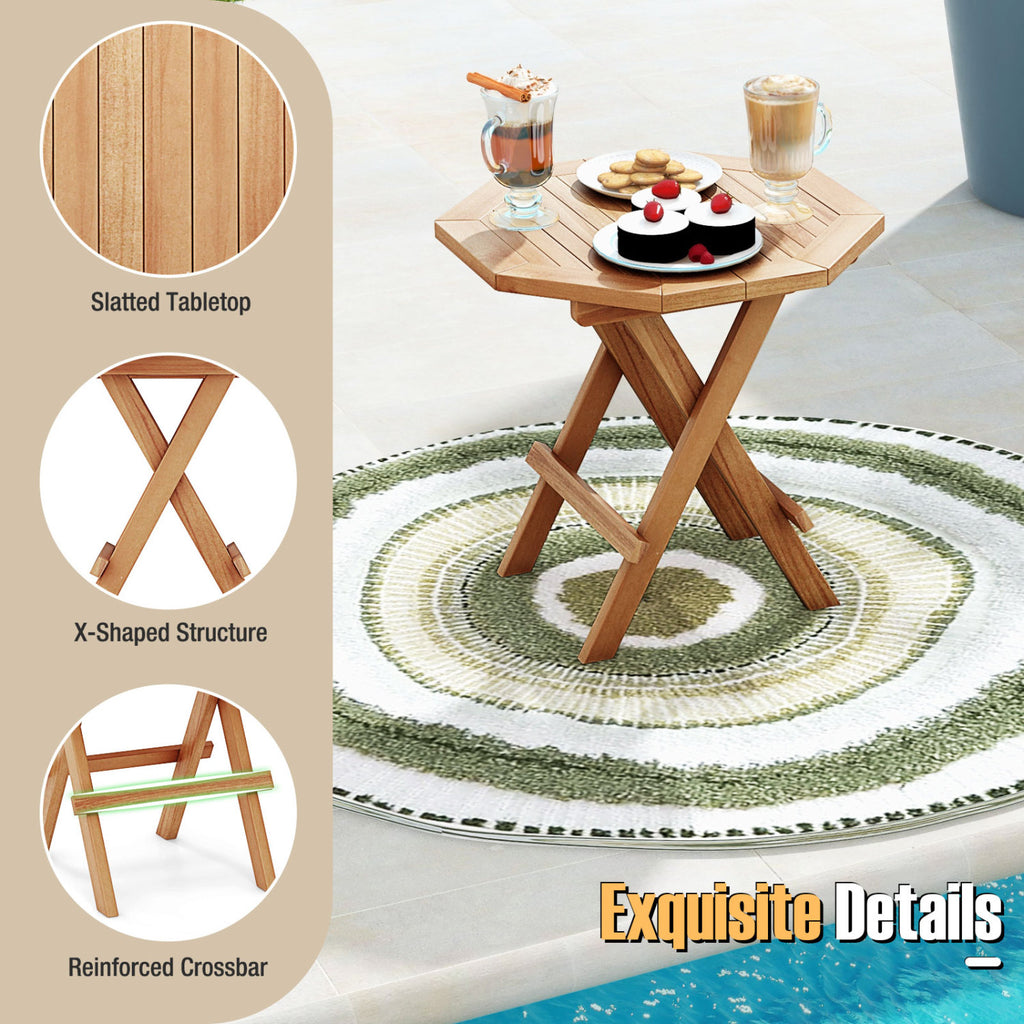 Teak Wood Octagon Coffee Table with X-shaped Legs and Slatted Tabletop