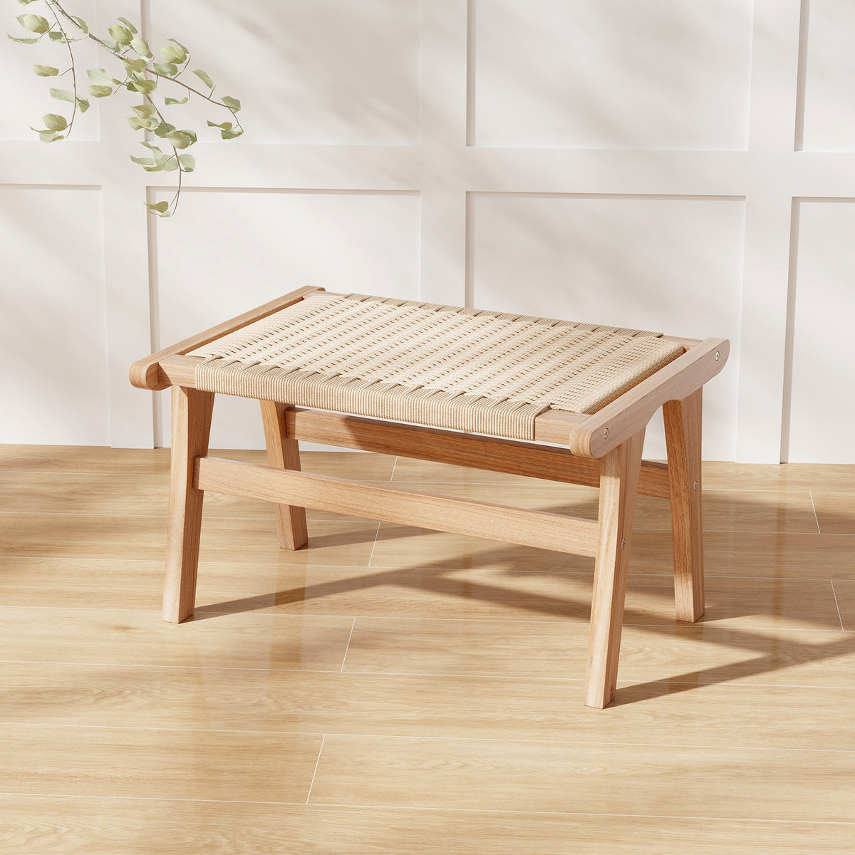 Teak Wood Ottoman Footstool with Braided Rope – Beige