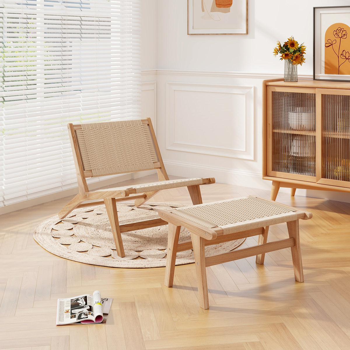Teak Wood Ottoman Footstool with Braided Rope – Beige