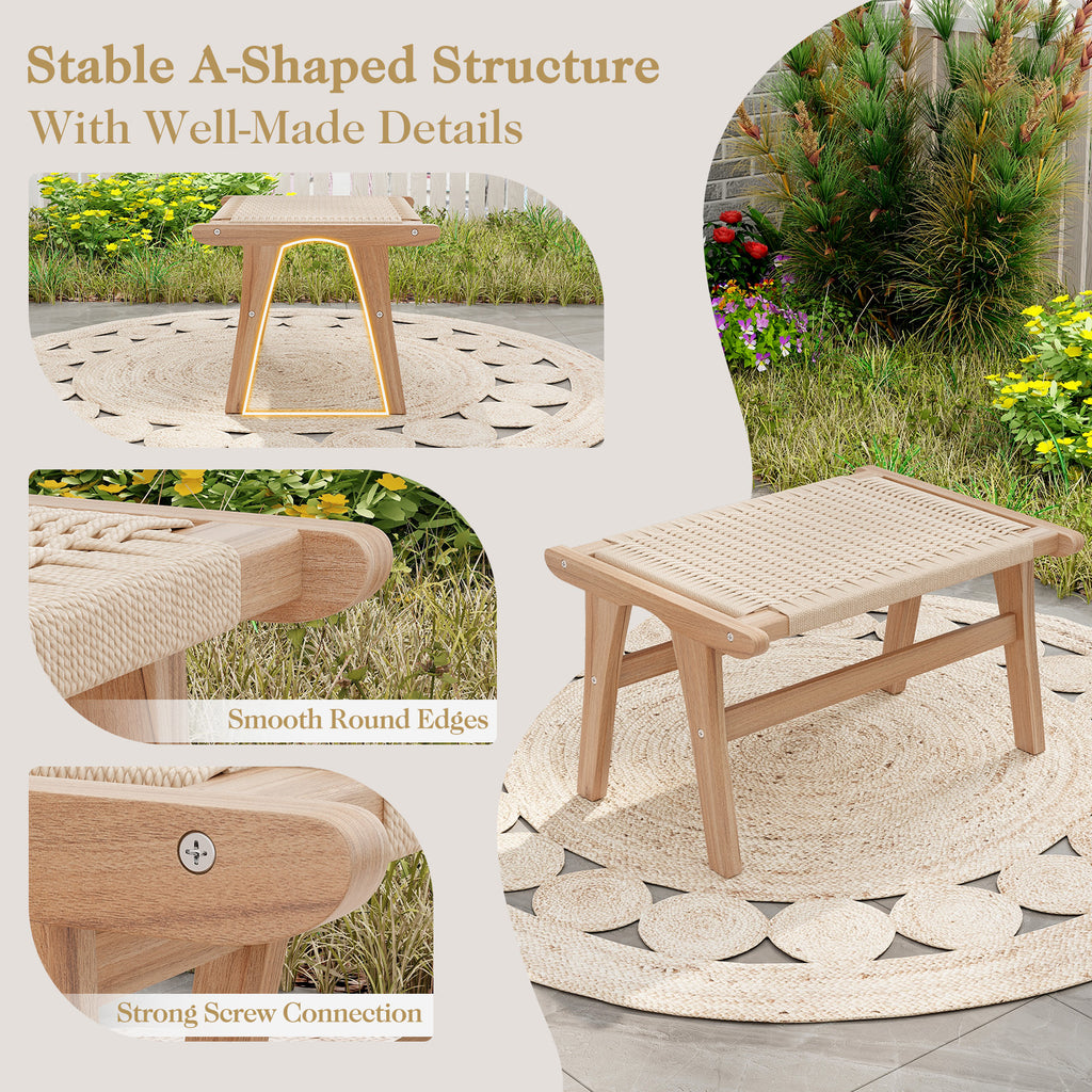 Teak Wood Ottoman Footstool with Braided Rope - Beige