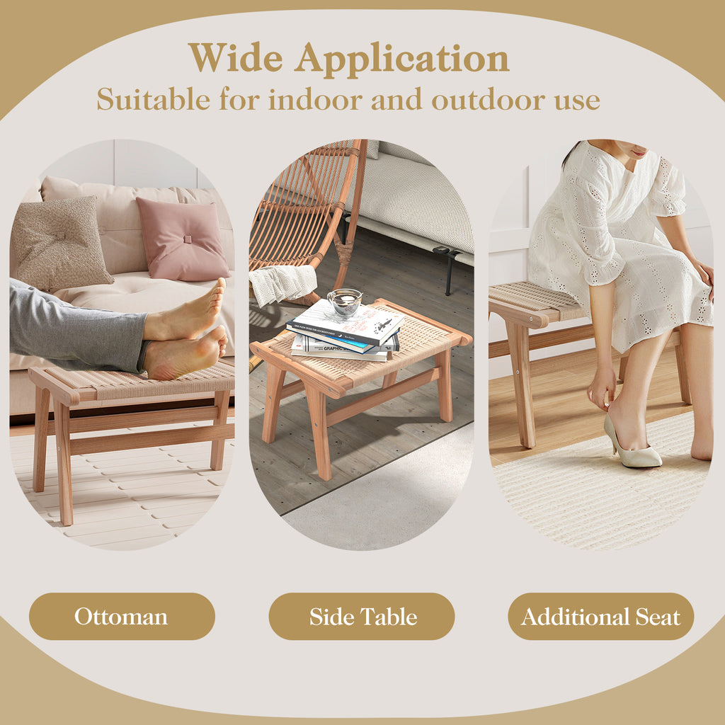 Teak Wood Ottoman Footstool with Braided Rope - Beige