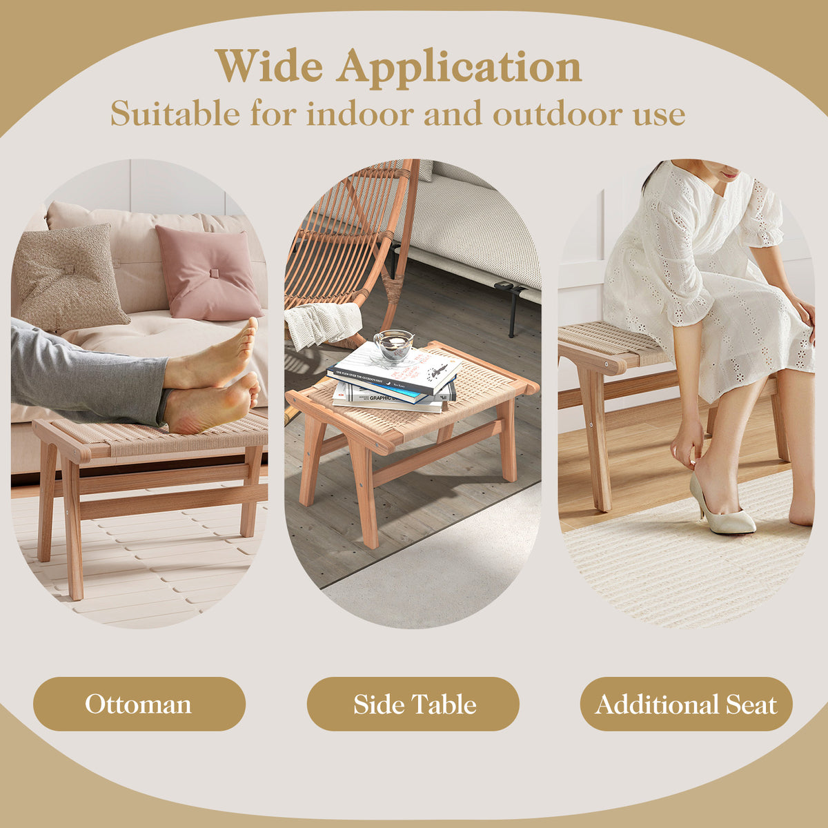 Teak Wood Ottoman Footstool with Braided Rope - Beige