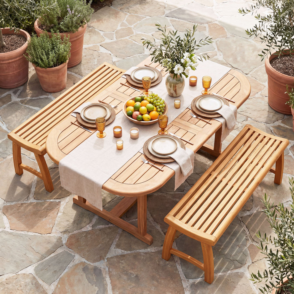 Teak Wood Outdoor Backless Bench with Contoured Slatted Seat