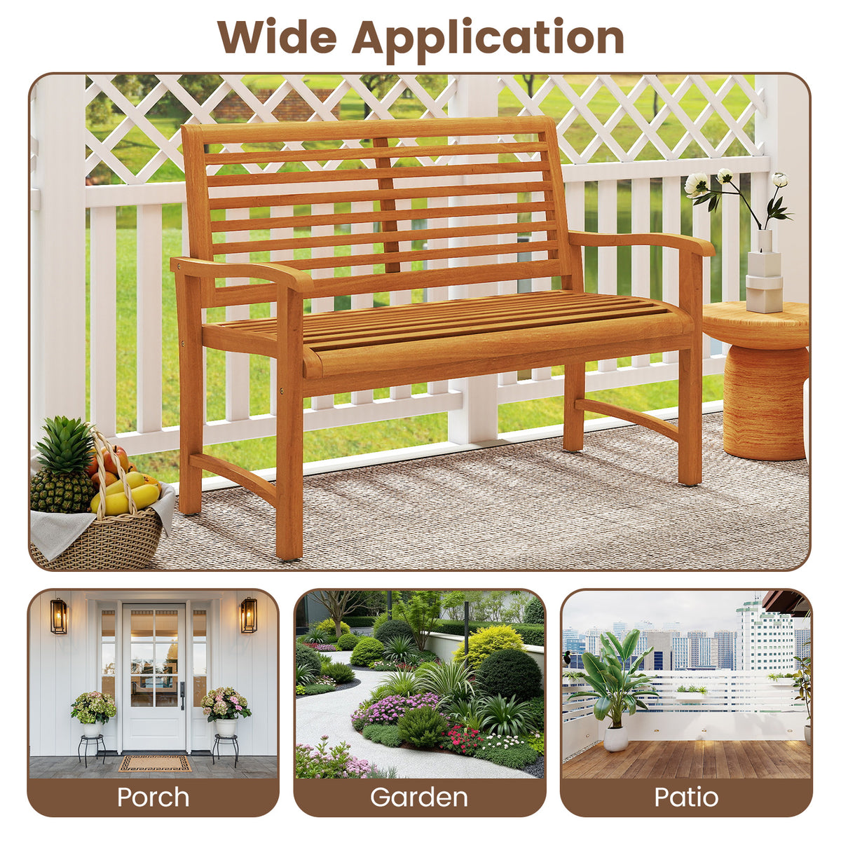 Teak Wood Outdoor Garden Bench with Slatted Backrest and Seat