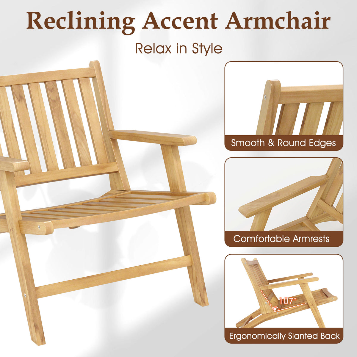 Teak Wood Outdoor Reclining Chair with Armrests
