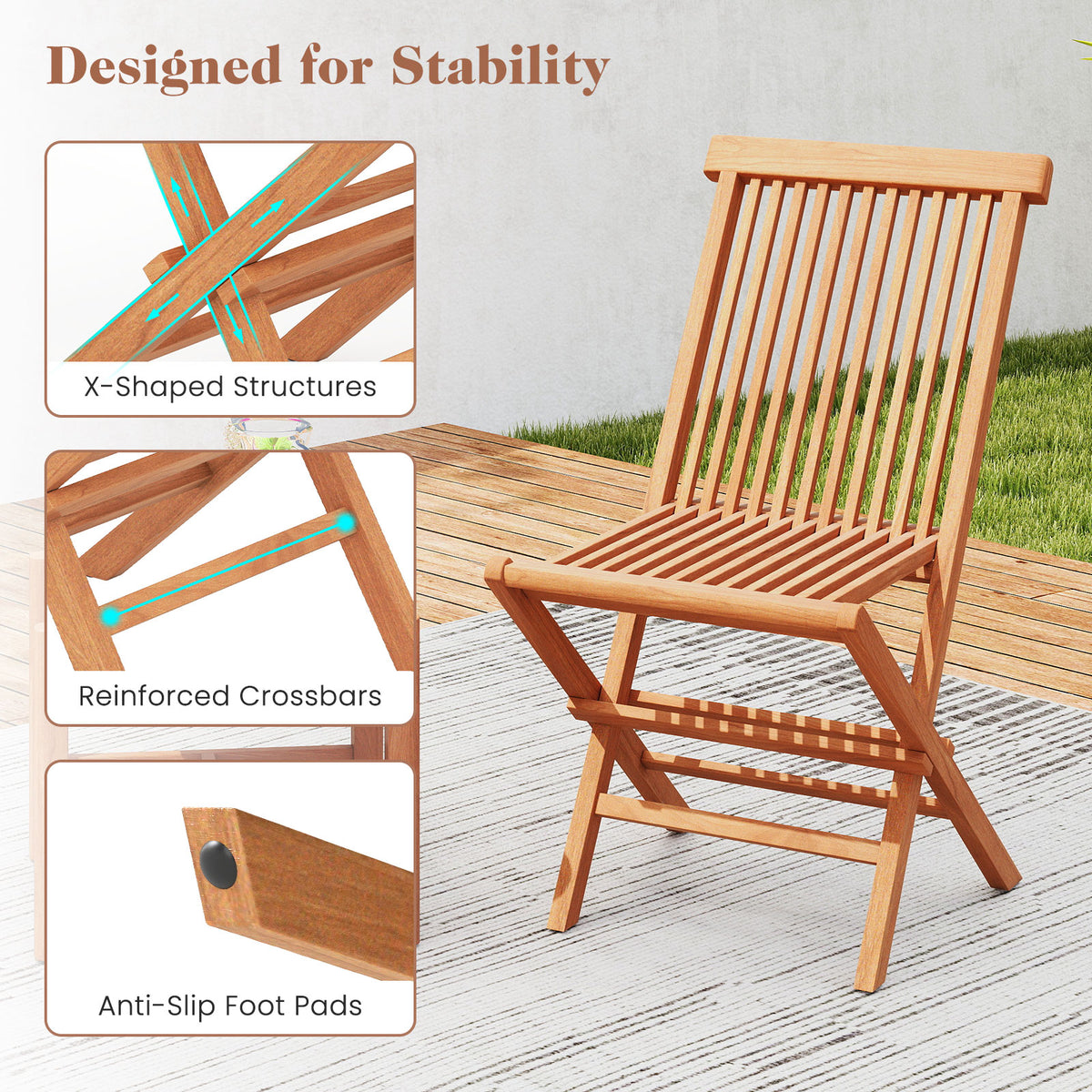 Teak Wood Patio Chairs Set of 2 with High Back and Slatted Seat