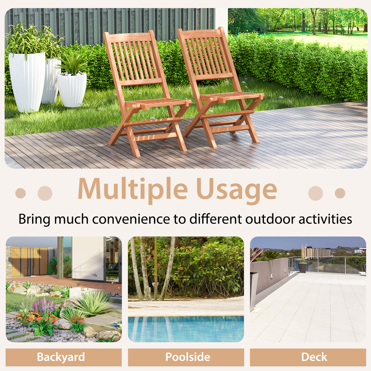 Indonesia Teak Wood Patio Folding Dining Chair with Slatted Seat