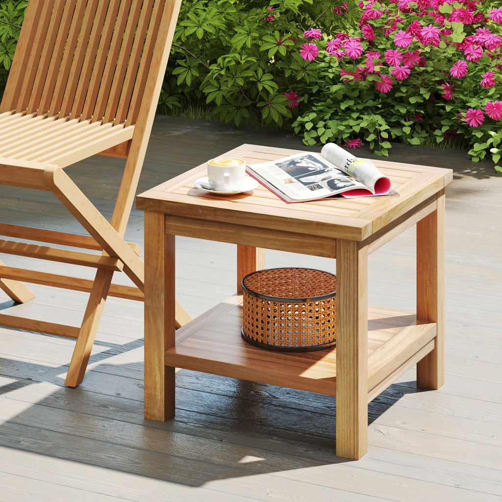 Teak Wood Square Side Table with Open Shelf